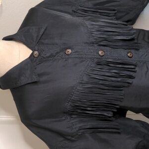 M.J. Carroll Pure Silk Black Fringe Blouse Cowgirl Western Long Sleeve Sz Large